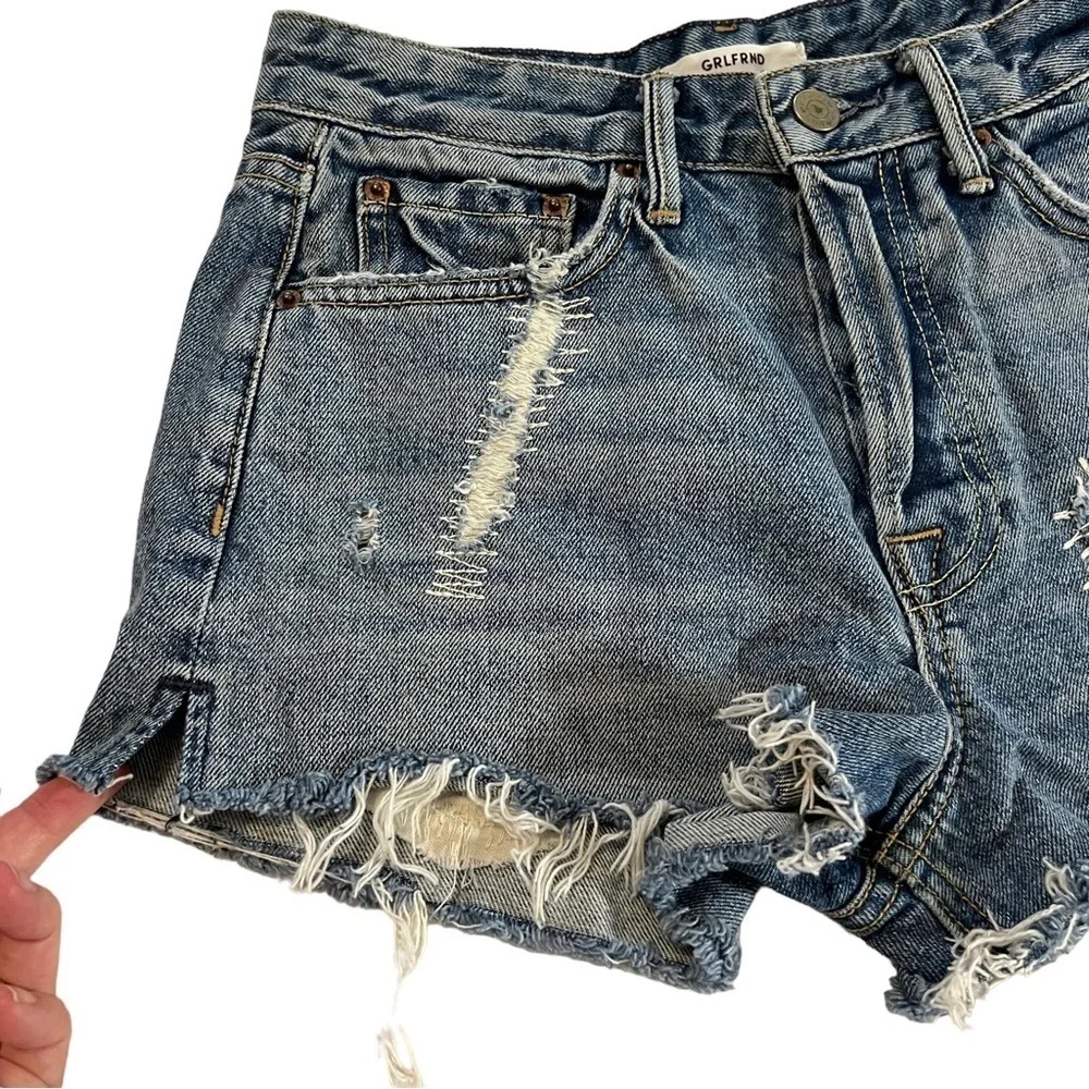 GRLFRND Cindy Fray Side Slit Button Fly Jean Shorts Patchwork High Rise Thrashed
